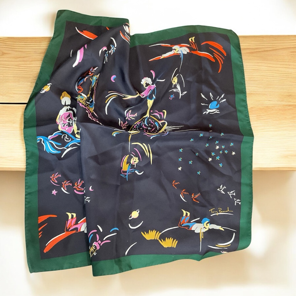 Tory Burch Black Silk Scarf With Blue And Yellow Accents
